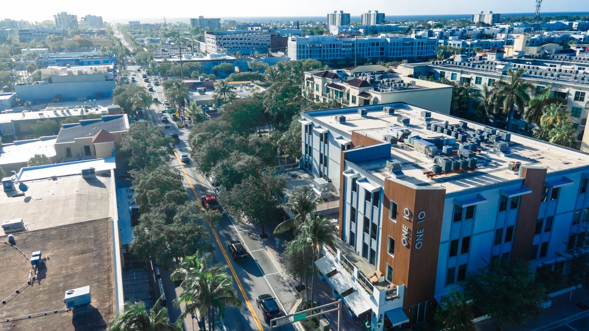 Downtown Delray Beach from the air, looking east along Atlantic Avenue toward the ocean