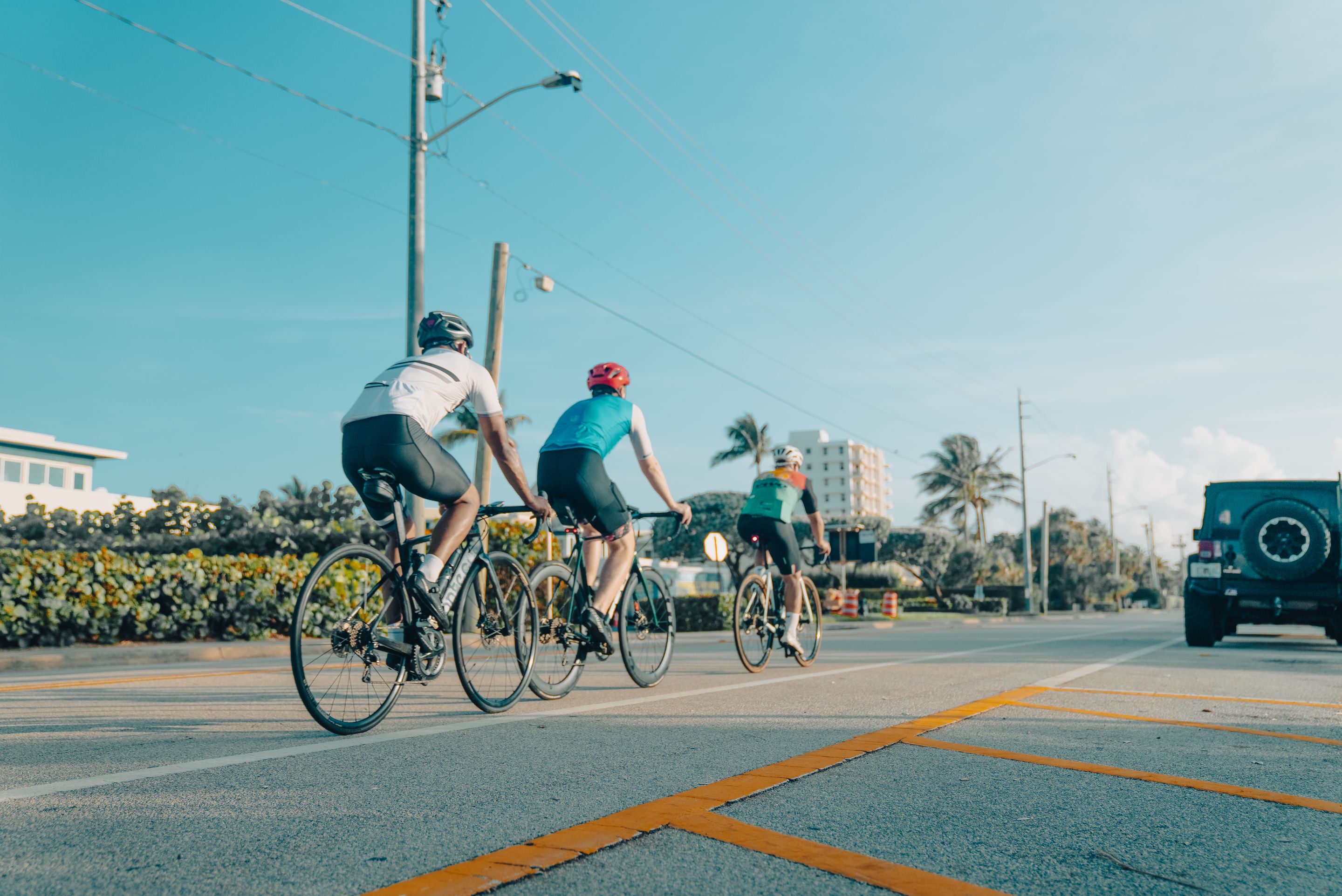 Cyclists riding along a coastal road in the Palm Beaches