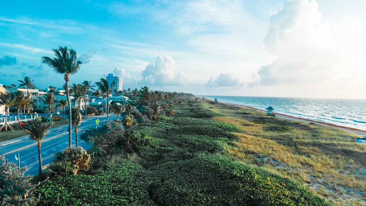 The South County coast from the air: dune, A1A and the beach running north under a summer sky