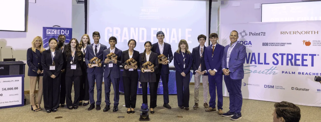 Finance executives judging student stock pitches at the Wall Street South competition hosted by the Business Development Board of Palm Beach County