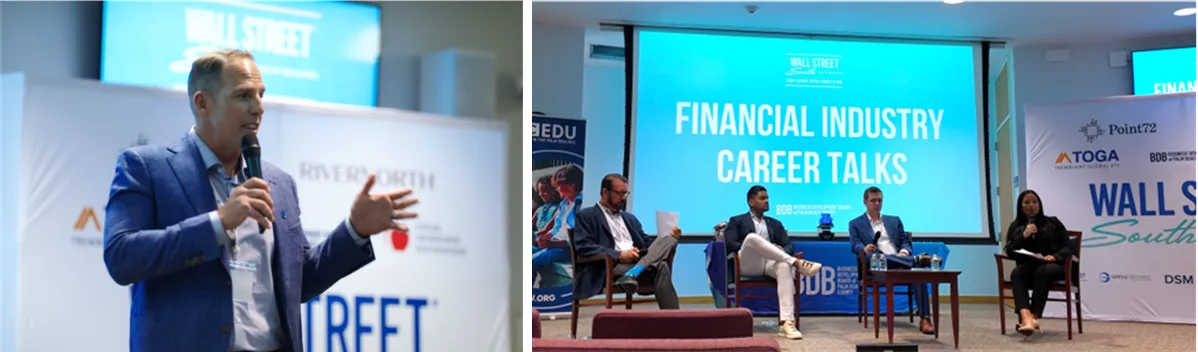 Finance executives judging student stock pitches at the Wall Street South competition hosted by the Business Development Board of Palm Beach County