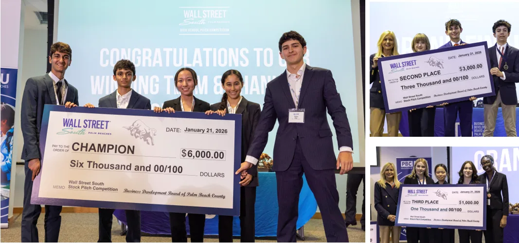 High school students presenting investment pitches at the Wall Street South Stock Pitch Competition in Palm Beach County
